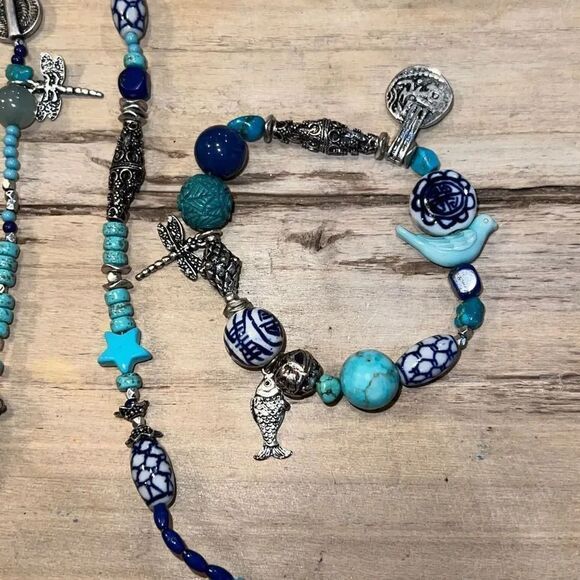 Oriental Long Neckless And BraceletSet With Dragonfly, Birds, Fish, Flowers - Picture 3 of 9